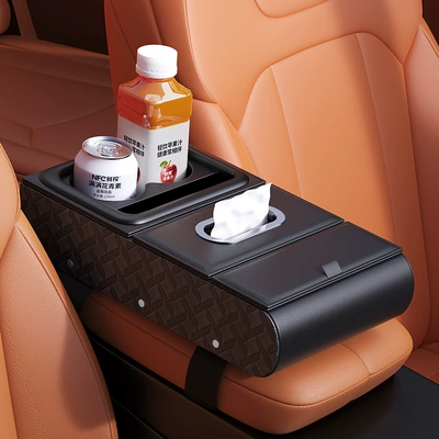 Car Armrest Box Heightening Storage Organizer, Car Cup Holder, Multifunctional Tissue Storage, Leather Storage Box (Armrest box) - black