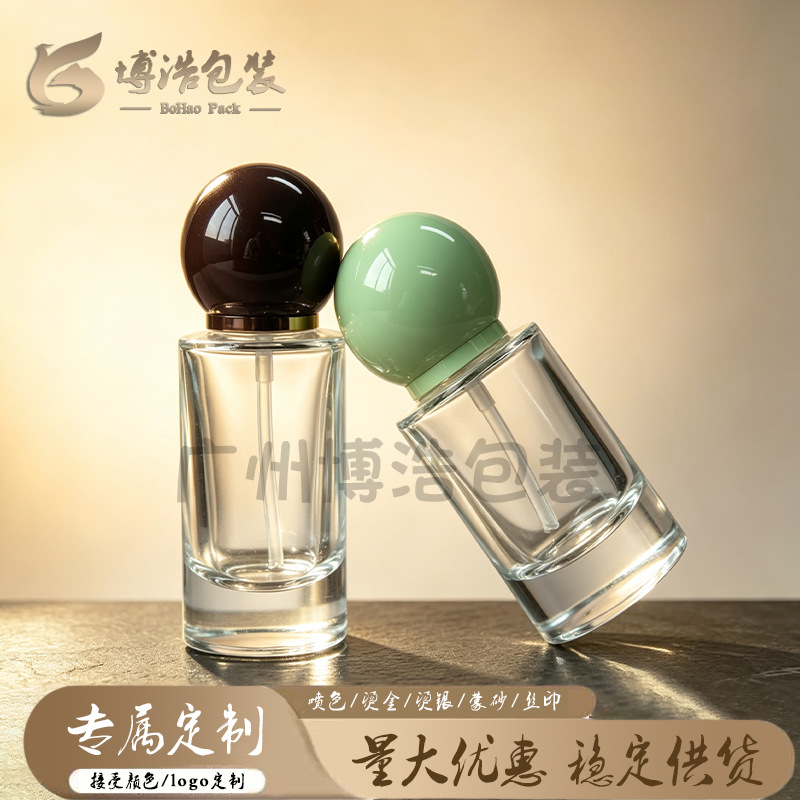 现货球形盖平肩粉底液瓶厚底透明玻璃瓶化妆品包材瓶加工喷色电镀产品实拍图