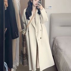 感燕麦色毛呢大衣女秋冬季小个子韩系中长款加绒加厚呢子外套