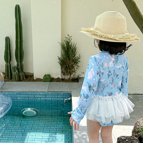Children's swimsuit, princess one-piece swimsuit for girls, long-sleeved baby chiffon dress for girls, sunscreen 2024 new swimsuit
