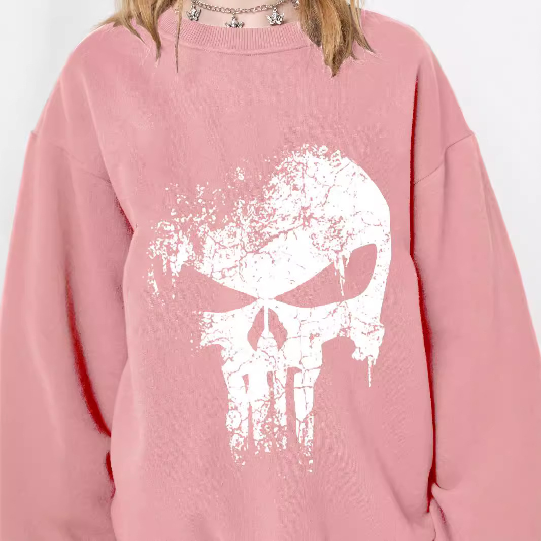 2024 Autumn Round Neck Street Print Sweatshirt Skull Cotton Soft Hoodless Loose Pullover Inner Wear For Women_voghion.com