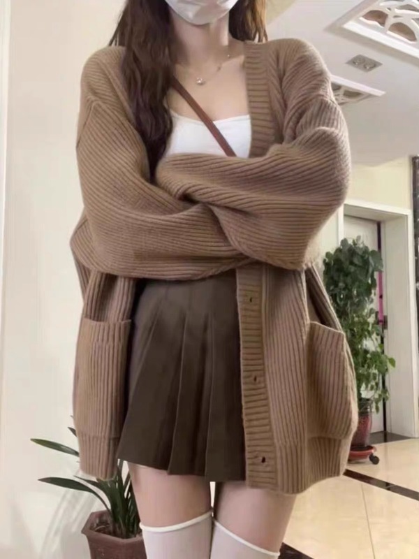 新款秋冬慵懒风V领单排扣羊毛开衫女外套韩版宽松中长款百搭上衣|undefined
