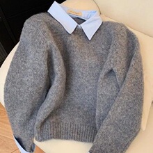 假两件衬衫领毛衣女秋装新款内搭慵懒风撞色翻领灰色针织衫上衣