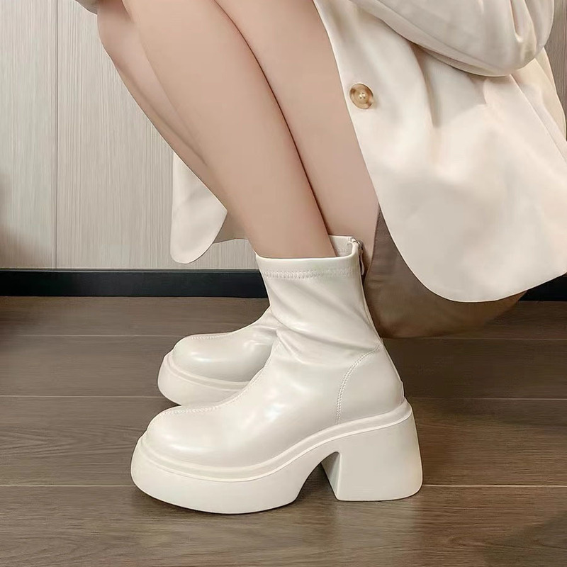 Thin Boots Thick Bottom High Heel White Martins Boots Women's 2024 Autumn and Winter New Style Small Height Increasing Stretch Boots Short Boots Women