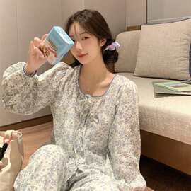 睡衣女韩系ins温柔小碎花简约舒适花边套装甜美甜美方领家居服棉