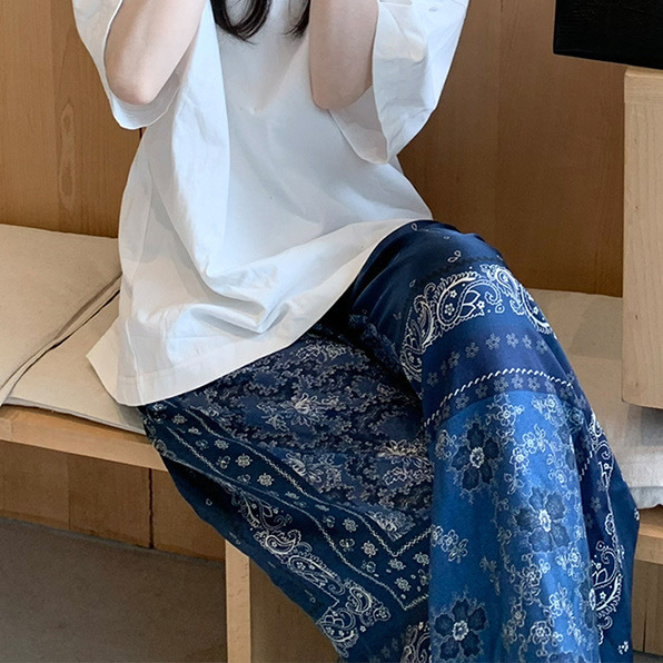 chubby girl plus size 150.00kg Wide Pants Women's Skin-Sense Straight Totem Printed Casual Pants Loose Household Outer-Wearing Pajama Pants