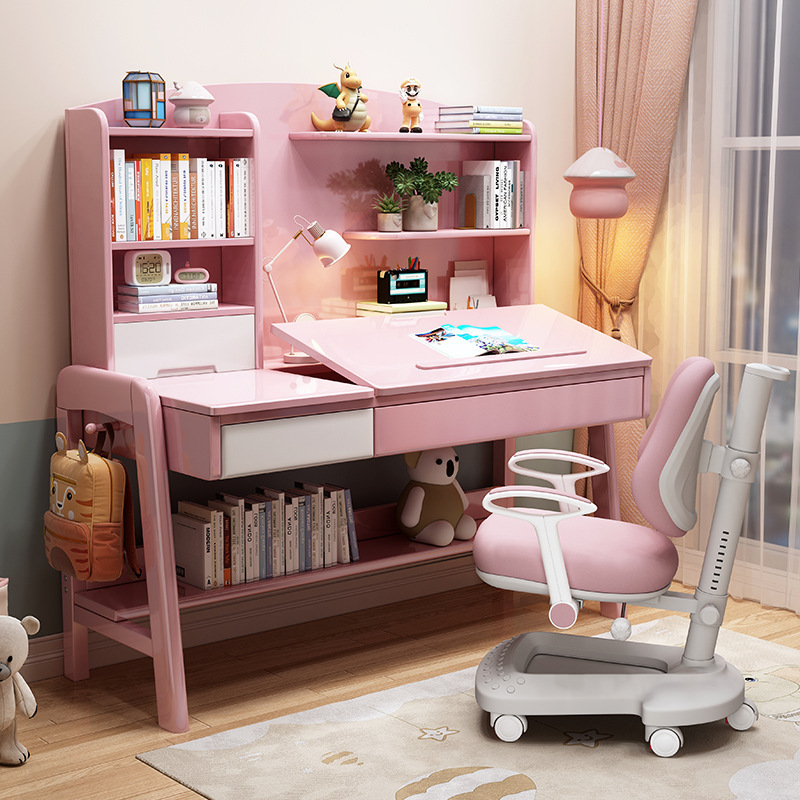 Desktop Adjustable Solid Wood Desk Bedroom Girls Learning Writing Desk Pink Children's Lifting Table and Chair Set Youth