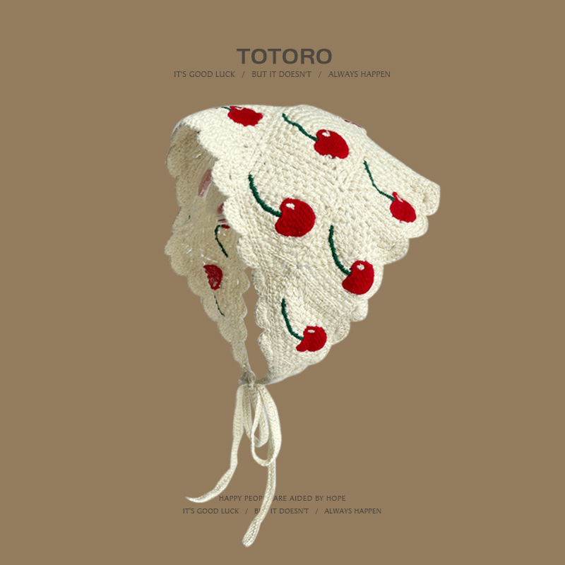 Francia cereza toallas triangulares mujeres primavera y otoño viajes padres-hijos gancho de punto flores hueco pañuelo de arte correa de pelo gorro