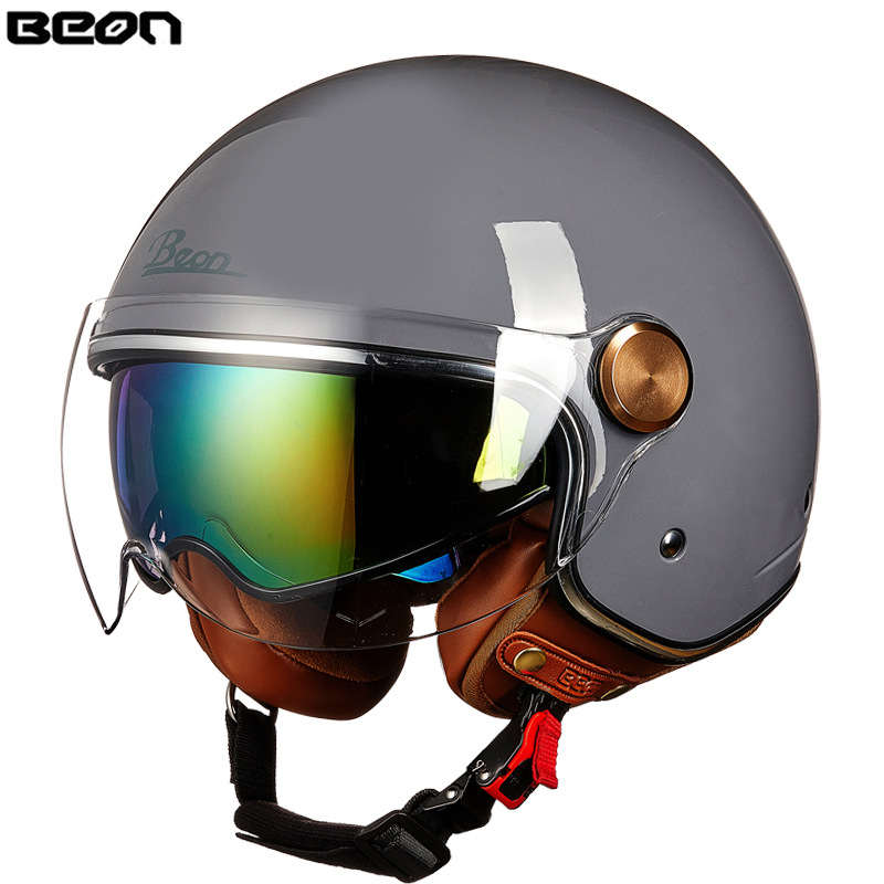 BEON casco de la motocicleta retro medio casco cuatro estaciones universal de los hombres y las mujeres del coche eléctrico de la motocicleta casco de doble lente