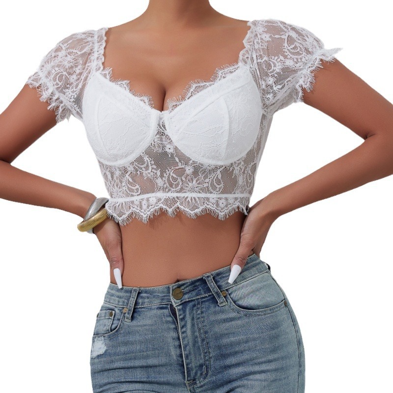 Europa y América caliente viento sexy perspectiva pestañas encaje envuelto pecho chaleco umbilical transpirable delgado estilo corto casual versátil
