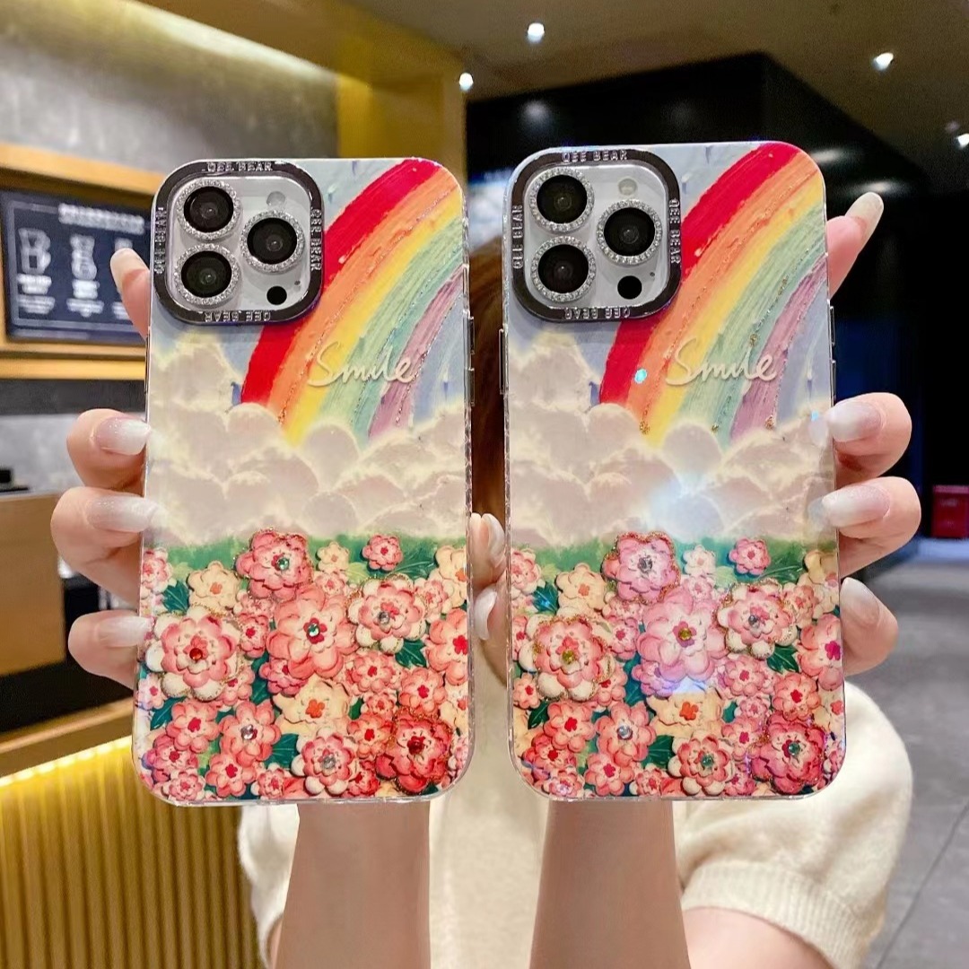 Funda de teléfono con diseño de mar de flores arcoíris y pintura al óleo, con diamantes brillantes, para iPhone 17 Pro Max, 16, Apple 15, 13, de lujo, antigolpes y protectora.
