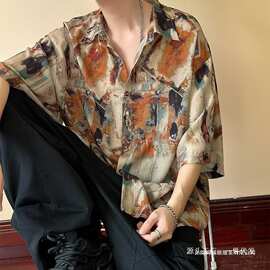 港风2026新款花衬衫男感痞帅衣服短袖夏冰丝海边穿搭复古衬衣现货