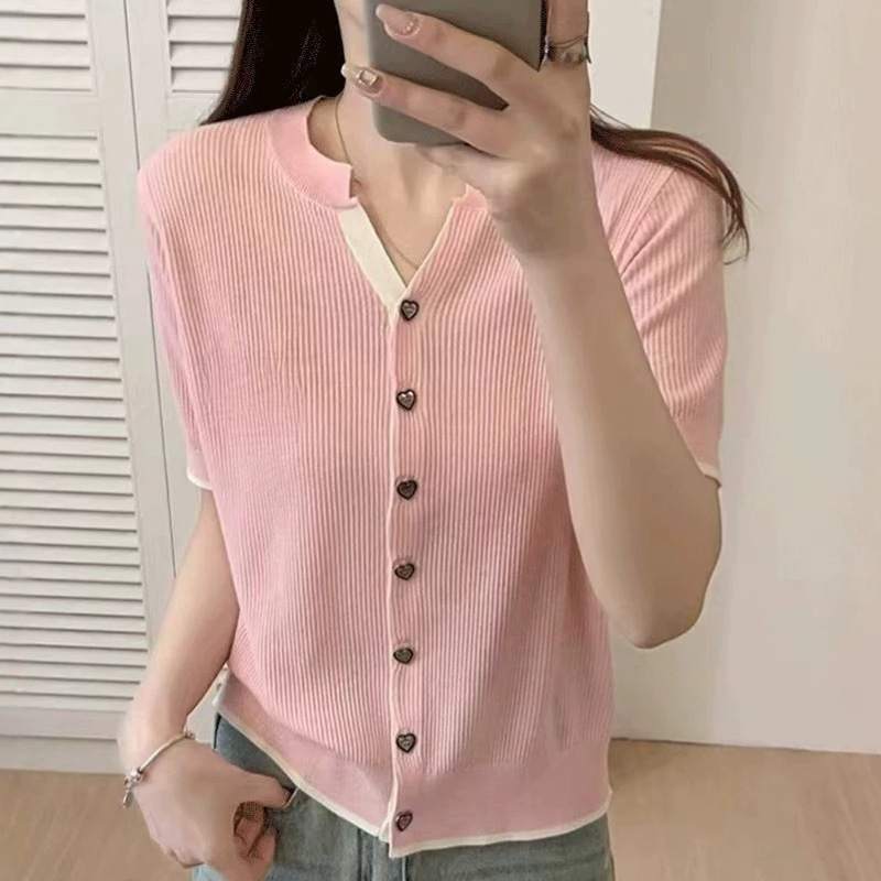V-Neck Color-Block Short-Sleeve Knit Cardigan for Women, Thin Style, 2026 Summer New Design with Heart Button Pockets, T-Shirt Top V-Neck Color-Block Short-Sleeve Knit Cardigan for Women, Thin Style, 2026 Summer New Design with Heart Button Pockets, T-Shirt Top