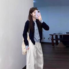 秋装搭配一整套2025韩系松弛感假两件针织开衫休闲阔腿裤两件套装