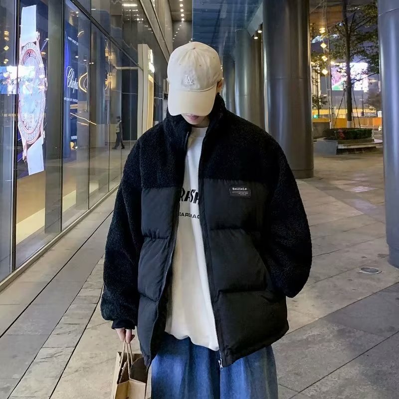 Chaqueta de lana de cordero tendencia masculina 2024 otoño e invierno estilo de Hong Kong costura chaqueta acolchada de algodón pareja ropa acolchada de felpa hermosa marea ins