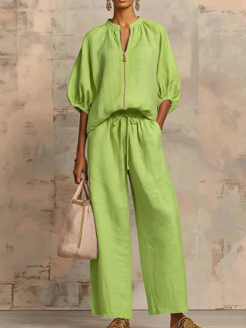 Women's Clothing Summer Women's Wide Leg Pants Set Casual Loose Fit Solid Color Zipper Round Neck Top Bottoms Outfit Style_ecoleips.com