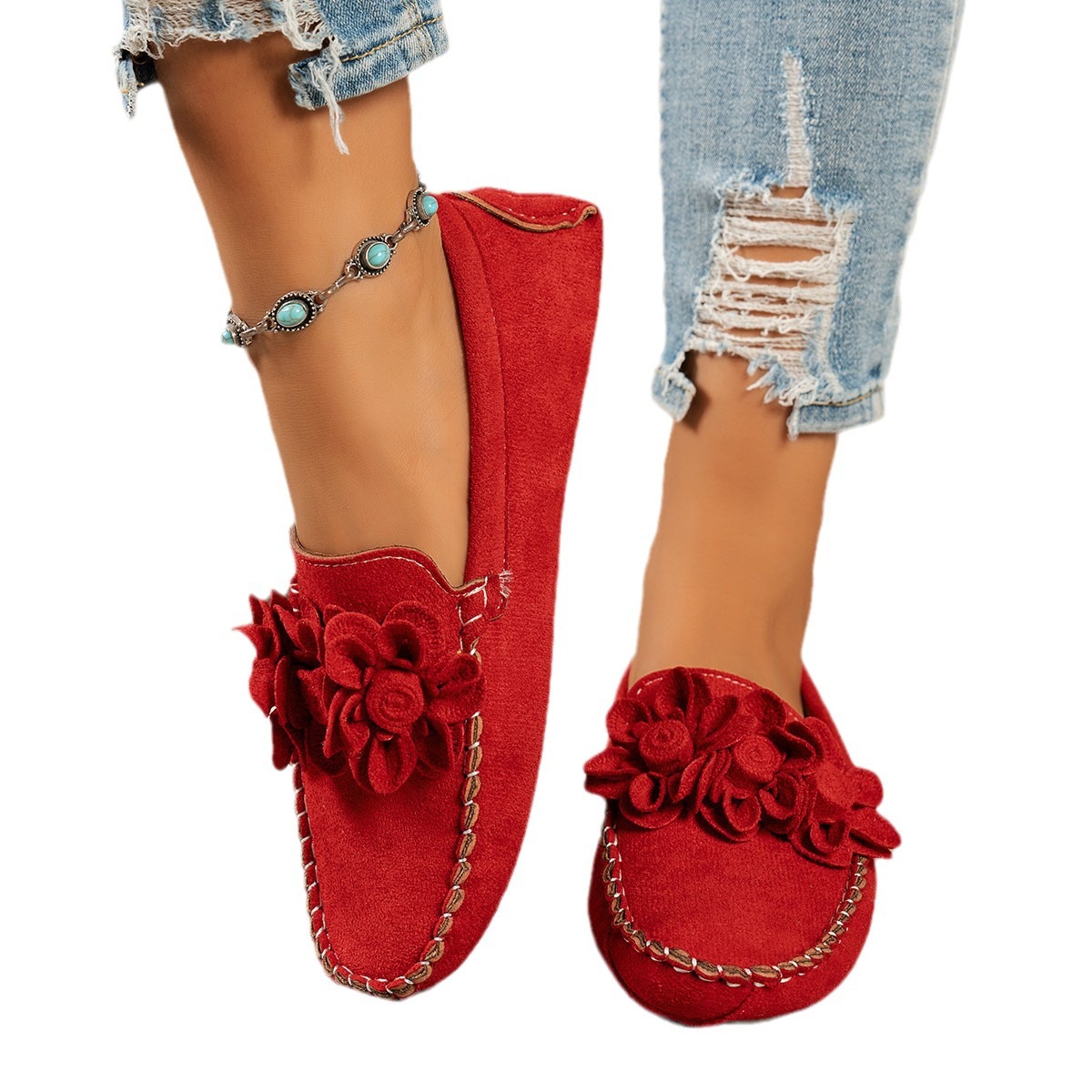 Wish 2024 Spring/Summer New European And American Style Square-Toed Flat Flower Loafers Women's Casual Slip-On_vogvips.com