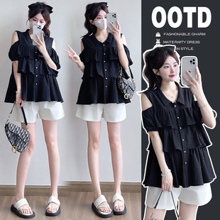 Maternity Wear 2025 Summer New Sweet and Fashionable Off-Shoulder Ruffled Short-Sleeved Tops Small Shirts Chiffon Shirts