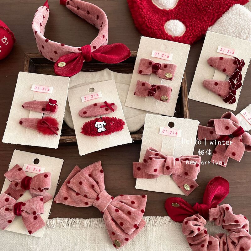 New Korean-Style Autumn and Winter Pink Velvet Bow Hairpin, Sweet Polka Dot Headband, Fashionable and Versatile Children's Hair Accessory