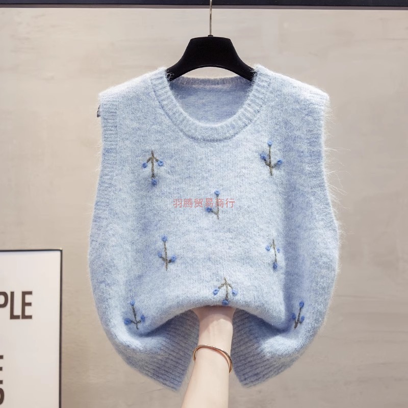 手工绣花圆领针织马甲背心女2025秋冬新款宽松外穿马夹毛衣坎肩潮