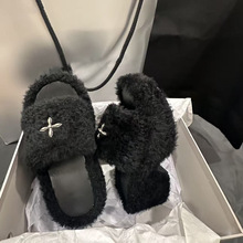 小个子增高9cm一字毛毛拖2025秋冬新款网红外穿厚底十字毛毛拖鞋