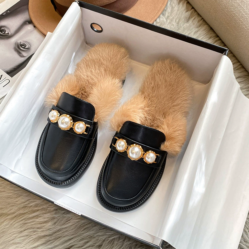 KM-3 Плюшевая обувь интернет-знаменитостей, женская зимняя одежда, новые полутапочки с закрытым носком плюс пушистые тапочки, женская обувь больших размеров 41-43