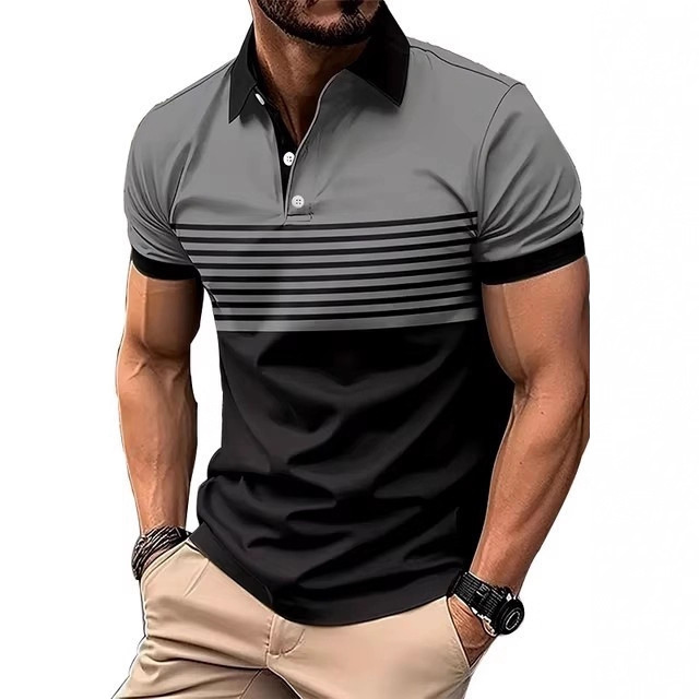 Summer Stripesd 3D Digital Printed Polo Shirt Men's Fashion Button Lapel Short-Sleeved Shirt Cross-Border Export Cotton