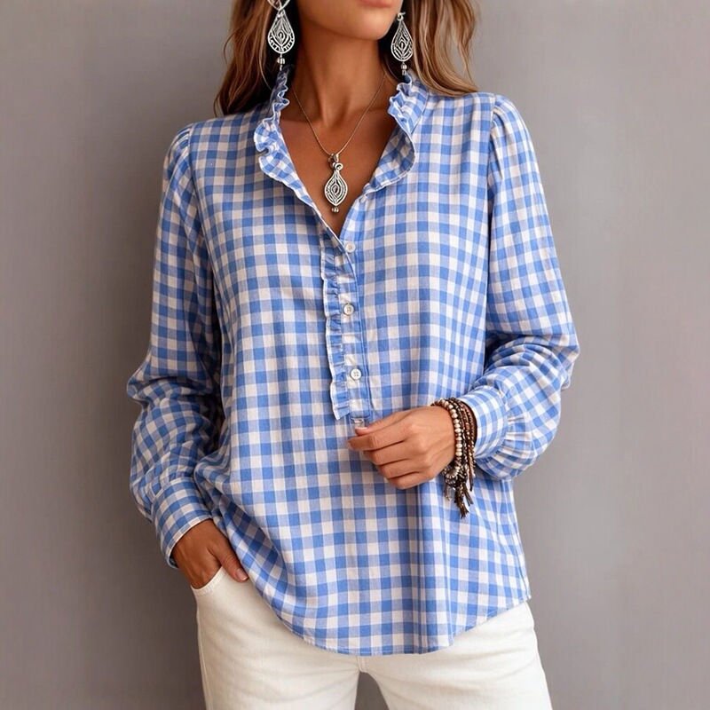 2026 Autumn New Plaid Shirt Women's Long Sleeve Loose Casual Style with Ruffled Collar and Button Closure Cross-Border 2026 Autumn New Plaid Shirt Women's Long Sleeve Loose Casual Style with Ruffled Collar and Button Closure Cross-Border