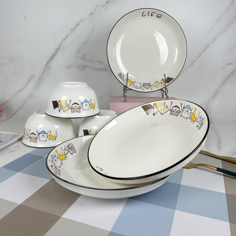 Daily necessities wholesale ceramic bowl plate suit happy cat meow 8-inch plate 4.5-inch bowl stall two yuan shop