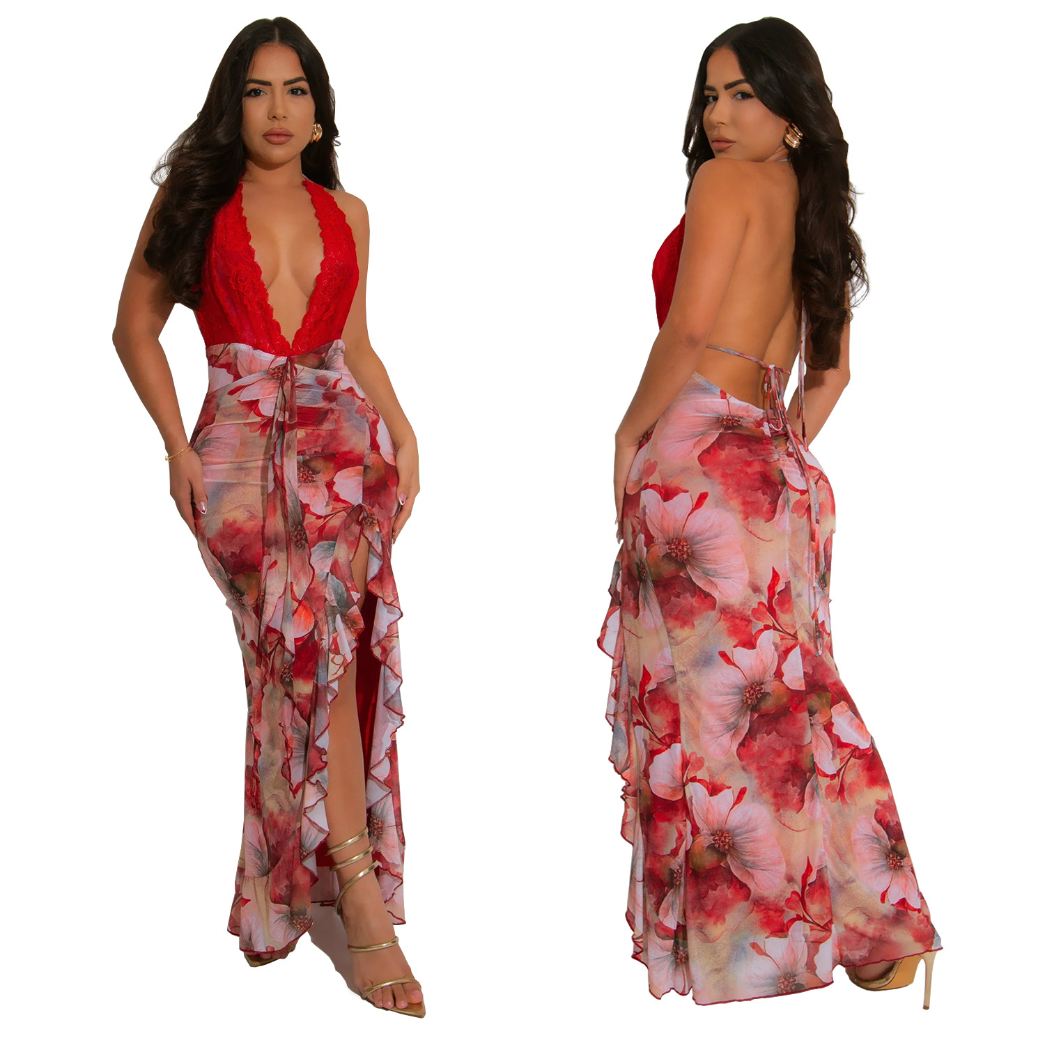C7262 Transbordador AliExpress Amazon Moda europea y americana Vestido estampado delgado con cuello halter en v profundo sexy para mujer image 6