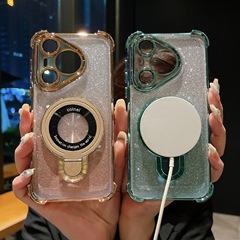 適用華為mate60PRO手機殼超薄磁吸支架電鍍氣囊防摔P70閃粉硬殼新