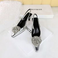 2A06-H52 Light Luxury Banquet Women's Shoes with High Heels, Shallow Mouth, Pointed Hollow, and Tripod with Water Diamond Flower Single Shoes