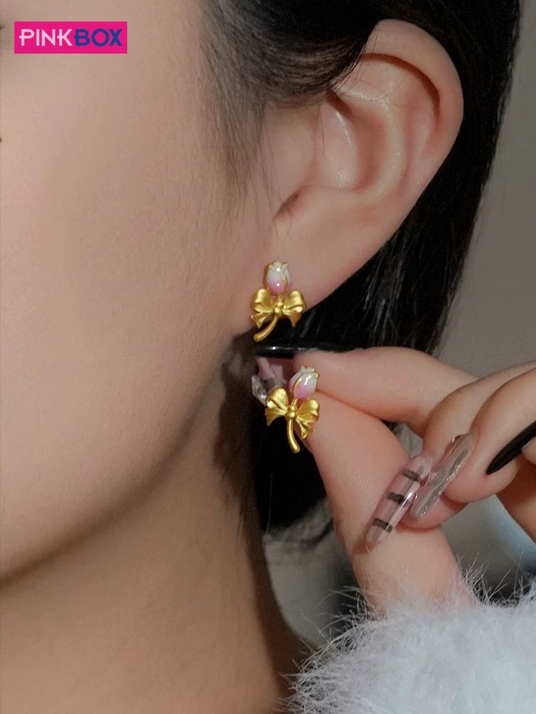 Orecchini a tulipano in smalto color oro sabbia, orecchini a fiocco con fiori sfumati, temperamento alla moda, regalo di San Valentino per la fidanzata_voghion.com