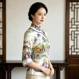 大码修身改良旗袍唐装时尚显瘦中式茶汉服民族国风女上衣茶艺服
