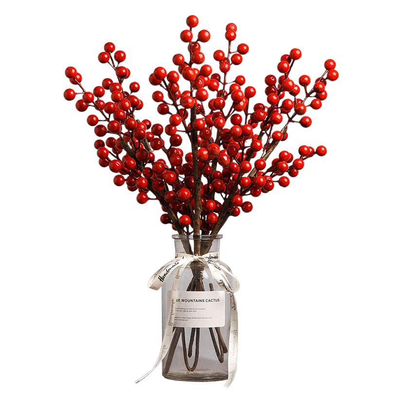 12 flores rojas pequeñas, caqui, acebajos, granada, flores simuladas, adornos de boda, frutas de Navidad