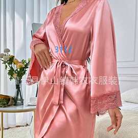 跨境春夏性感仿真丝睡袍休闲薄款家居服蕾丝睡衣宽松开衫系带浴袍