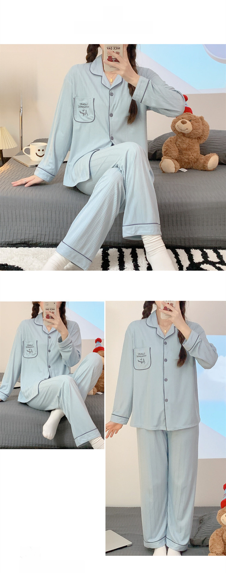 Sweet cartoon embroidered bear girl sweet spring and autumn long-sleeved trousers cardigan milk silk pit foreign trade suit_voghion.com