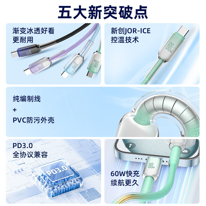 60 ワット双頭 typec アイスクリスタル携帯電話高速充電データケーブル PD30W iphone15 16 Huawei Xiaomi に適しています|undefined