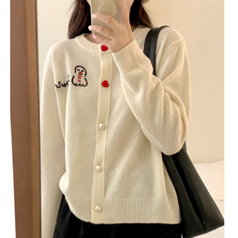 2024 Primavera y otoño nueva perla hebilla cuello redondo casual top coat Carta bordada de estilo coreano de las mujeres suéter de punto cardigan