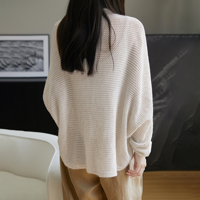 清涼感の薄いタイプの天糸亜麻のボタンなしのエアコンのブラウスの夏の上で新しい純色の百合のリゾート風の日焼け止めのコート|undefined