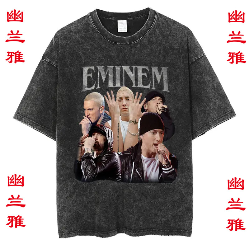 Singer Eminem Slim Shady Eminem Slim Shady Retro Old Hip-Hop Style Washed T-Shirt Short Sleeves