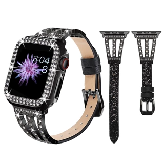 配表壳适用苹果iwatch手表表带apple watch镶钻金属手镯+闪光星皮