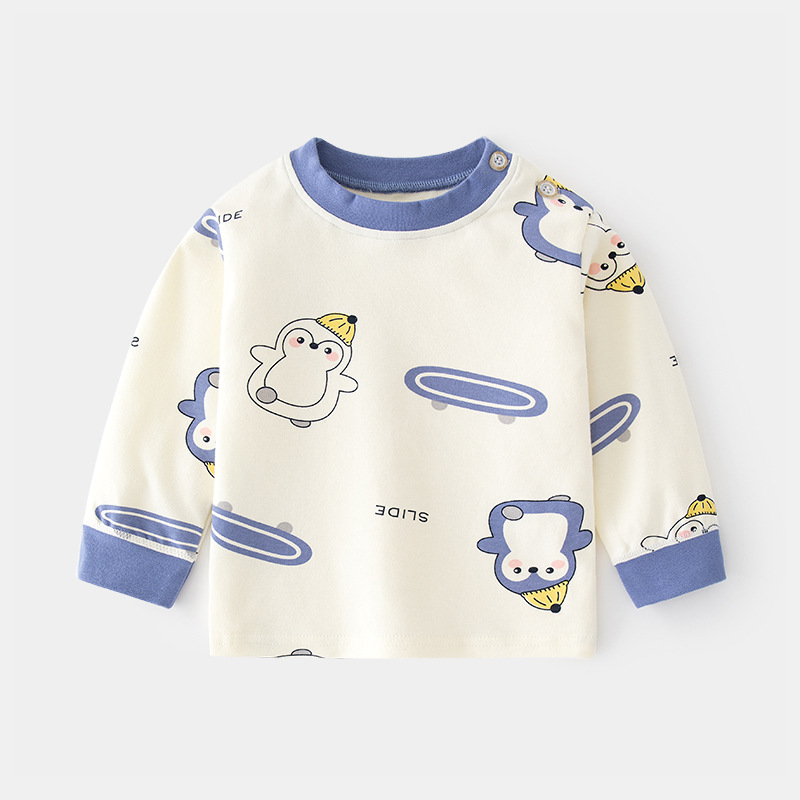 Camiseta de algodón para bebés con estampado vintage de dibujos animados y abertura en el hombro, ropa interior para primavera y otoño, mayorista