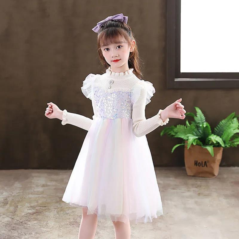 Girls' Spring and Autumn Knitted Mesh Velvet Princess Dress with Sequin Decoration, Ruffled High Collar, Sweet Dress