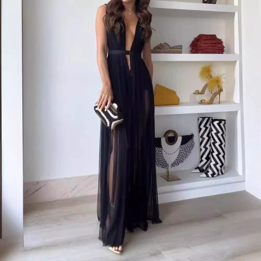 Спотовая независимая станция трансграничная горячая распродажа летом новый V-образный вырез с открытой спиной сексуальный свободный сплошной цвет платья