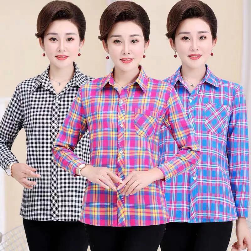 2026 Autumn Style Middle-Aged and Elderly Women's Printed Polyester-Cotton Plaid Shirt with Pockets, Popular Streetwear Item 2026 Autumn Style Middle-Aged and Elderly Women's Printed Polyester-Cotton Plaid Shirt with Pockets, Popular Streetwear Item