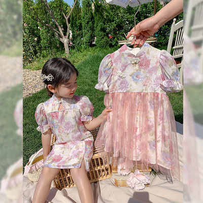 2021 new pattern children Korean Edition girl Dress Broken flowers Princess Dress baby Western style Improvement puff sleeve cheongsam