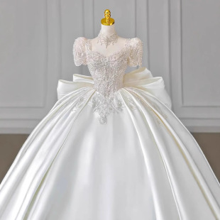 High-End Satin Wedding Dress 2025 New Bride French Fugitive Princess Texture Large Tail Going Out Light Gauze Welcome Gauze