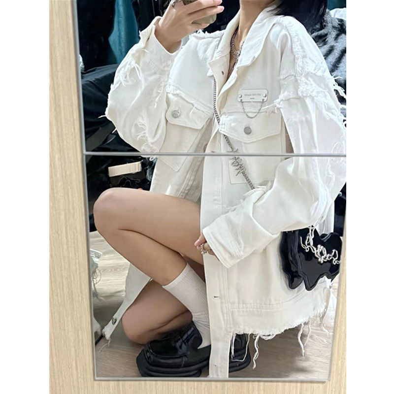 White Denim Coat Female Fat Sister Spring 2024 New Design Sense Niche Street Fried Loose Jacket Top
