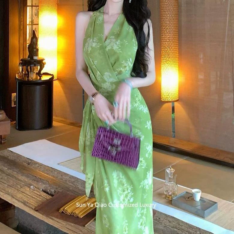 Yaqiao【Qinglanxu】Green Halter Neck Floral Wrap-Style Bias-Cut Dress Yaqiao【Qinglanxu】Green Halter Neck Floral Wrap-Style Bias-Cut Dress